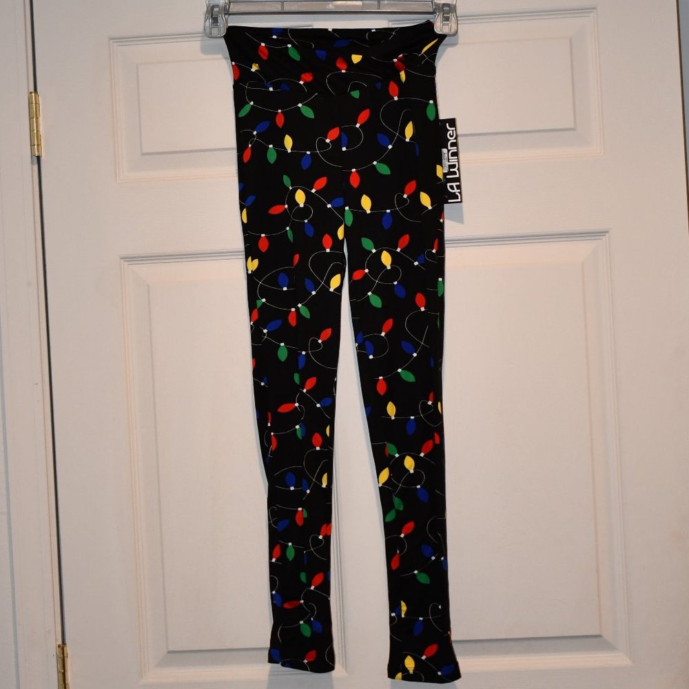 LA Winner Women's Black Christmas Lights Stretch Leggings Size S